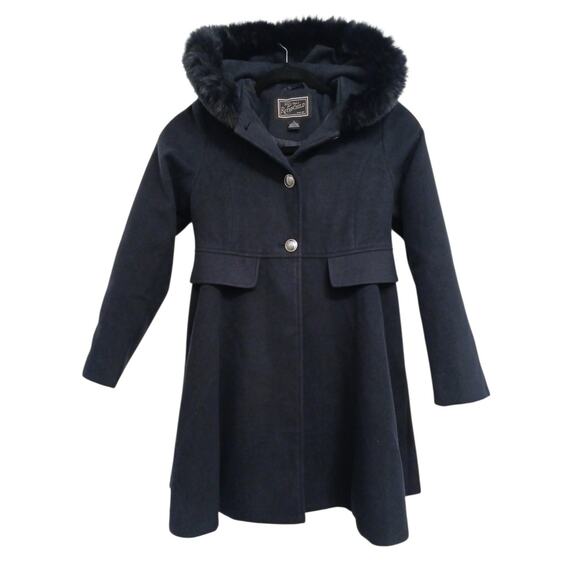 Rothschild Little Girls Hooded Pea Coat Sz 7/8 S Navy Blue Pleated Faux Fur $125 - Picture 1 of 13